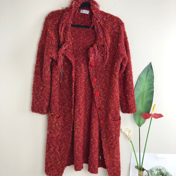 Vintage Long Red Fringe Boho Fall Cardigan - Picture 1 of 8
